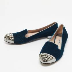 Pre Owned Miu Miu Blue Velvet Crystal Embellished Cap Toe Smoking Slippers Size 38