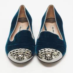 Pre Owned Miu Miu Blue Velvet Crystal Embellished Cap Toe Smoking Slippers Size 38