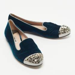 Pre Owned Miu Miu Blue Velvet Crystal Embellished Cap Toe Smoking Slippers Size 38
