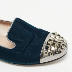 Pre Owned Miu Miu Blue Velvet Crystal Embellished Cap Toe Smoking Slippers Size 38