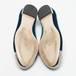 Pre Owned Miu Miu Blue Velvet Crystal Embellished Cap Toe Smoking Slippers Size 38