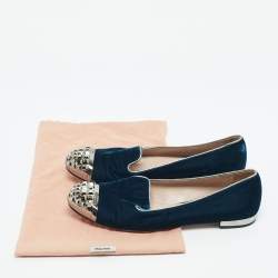 Pre Owned Miu Miu Blue Velvet Crystal Embellished Cap Toe Smoking Slippers Size 38
