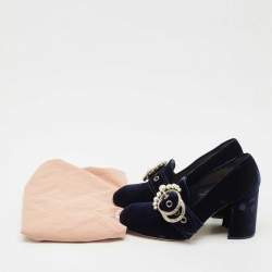Pre Owned Miu Miu Navy Blue Velvet Pearl Embellished Block Heel Pumps Size 39