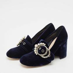 Pre Owned Miu Miu Navy Blue Velvet Pearl Embellished Block Heel Pumps Size 39