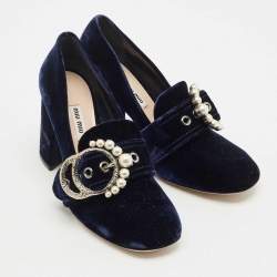 Pre Owned Miu Miu Navy Blue Velvet Pearl Embellished Block Heel Pumps Size 39