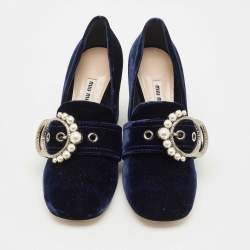 Pre Owned Miu Miu Navy Blue Velvet Pearl Embellished Block Heel Pumps Size 39