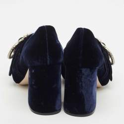 Pre Owned Miu Miu Navy Blue Velvet Pearl Embellished Block Heel Pumps Size 39