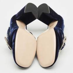 Pre Owned Miu Miu Navy Blue Velvet Pearl Embellished Block Heel Pumps Size 39