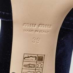 Pre Owned Miu Miu Navy Blue Velvet Pearl Embellished Block Heel Pumps Size 39