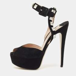 Pre Owned Miu Miu Black Suede Crystal Embellished Platform Ankle-Strap Sandals Size 37.5