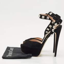 Pre Owned Miu Miu Black Suede Crystal Embellished Platform Ankle-Strap Sandals Size 37.5