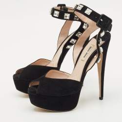 Pre Owned Miu Miu Black Suede Crystal Embellished Platform Ankle-Strap Sandals Size 37.5