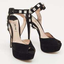 Pre Owned Miu Miu Black Suede Crystal Embellished Platform Ankle-Strap Sandals Size 37.5