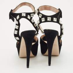 Pre Owned Miu Miu Black Suede Crystal Embellished Platform Ankle-Strap Sandals Size 37.5