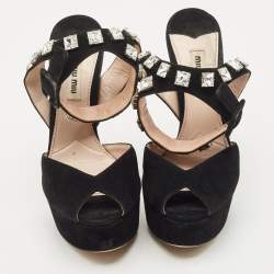Pre Owned Miu Miu Black Suede Crystal Embellished Platform Ankle-Strap Sandals Size 37.5