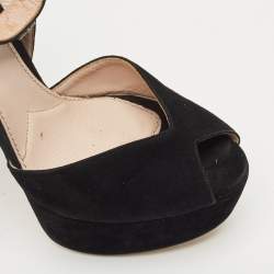 Pre Owned Miu Miu Black Suede Crystal Embellished Platform Ankle-Strap Sandals Size 37.5