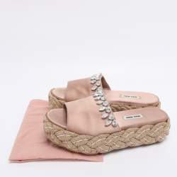 Pre Owned Miu Miu Beige Satin Espadrille Platform Slide Sandals Size 38