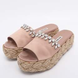 Pre Owned Miu Miu Beige Satin Espadrille Platform Slide Sandals Size 38