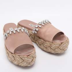 Pre Owned Miu Miu Beige Satin Espadrille Platform Slide Sandals Size 38