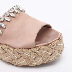 Pre Owned Miu Miu Beige Satin Espadrille Platform Slide Sandals Size 38