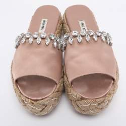 Pre Owned Miu Miu Beige Satin Espadrille Platform Slide Sandals Size 38