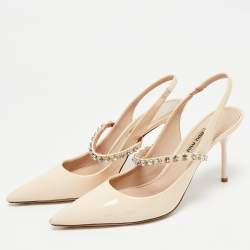 Pre Owned Miu Miu Beige Patent Leather Crystals Embellished Slingback Pointed Toe Pumps Size 37