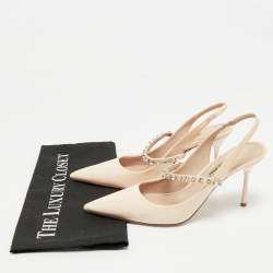 Pre Owned Miu Miu Beige Patent Leather Crystals Embellished Slingback Pointed Toe Pumps Size 37