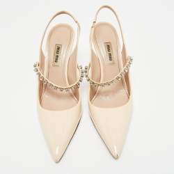 Pre Owned Miu Miu Beige Patent Leather Crystals Embellished Slingback Pointed Toe Pumps Size 37