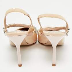 Pre Owned Miu Miu Beige Patent Leather Crystals Embellished Slingback Pointed Toe Pumps Size 37