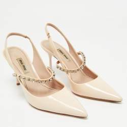Pre Owned Miu Miu Beige Patent Leather Crystals Embellished Slingback Pointed Toe Pumps Size 37