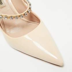 Pre Owned Miu Miu Beige Patent Leather Crystals Embellished Slingback Pointed Toe Pumps Size 37