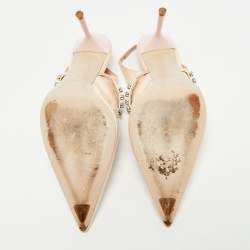 Pre Owned Miu Miu Beige Patent Leather Crystals Embellished Slingback Pointed Toe Pumps Size 37