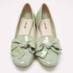 Pre Owned Miu Miu Blue Patent Leather Bow Crystal Embellished Smoking Slippers Size 39.5