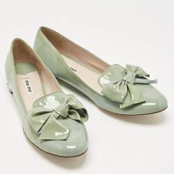 Pre Owned Miu Miu Blue Patent Leather Bow Crystal Embellished Smoking Slippers Size 39.5