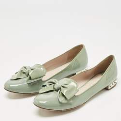 Pre Owned Miu Miu Blue Patent Leather Bow Crystal Embellished Smoking Slippers Size 39.5