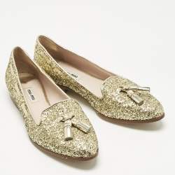 Pre Owned Miu Miu Gold Glitter And Leather Tassel Smoking Slippers Size 39