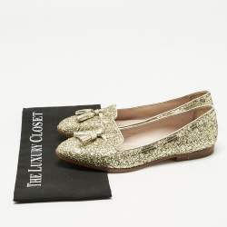 Pre Owned Miu Miu Gold Glitter And Leather Tassel Smoking Slippers Size 39