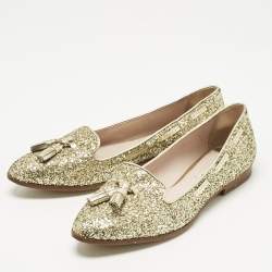 Pre Owned Miu Miu Gold Glitter And Leather Tassel Smoking Slippers Size 39