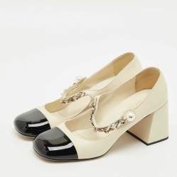 Pre Owned Miu Miu Cream/Black Leather and Patent Leather Mary Jane Pumps Size 40
