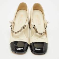 Pre Owned Miu Miu Cream/Black Leather and Patent Leather Mary Jane Pumps Size 40
