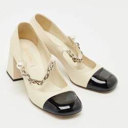 Pre Owned Miu Miu Cream/Black Leather and Patent Leather Mary Jane Pumps Size 40