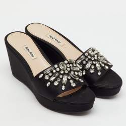 Pre Owned Miu Miu Black Satin Crystal Embellished Wedge Platform Open Toe Sandals Size 39