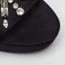 Pre Owned Miu Miu Black Satin Crystal Embellished Wedge Platform Open Toe Sandals Size 39
