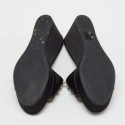 Pre Owned Miu Miu Black Satin Crystal Embellished Wedge Platform Open Toe Sandals Size 39
