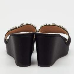 Pre Owned Miu Miu Black Satin Crystal Embellished Wedge Platform Open Toe Sandals Size 39