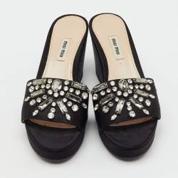 Pre Owned Miu Miu Black Satin Crystal Embellished Wedge Platform Open Toe Sandals Size 39