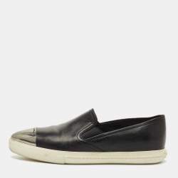 Pre Owned Miu Miu Black Leather Metal Cap Toe Slip On Sneakers Size 36.5