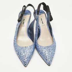 Pre Owned Miu Miu Blue Coarse Glitter Bow Slingback Pumps Size 40.5