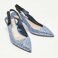 Pre Owned Miu Miu Blue Coarse Glitter Bow Slingback Pumps Size 40.5