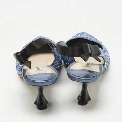 Pre Owned Miu Miu Blue Coarse Glitter Bow Slingback Pumps Size 40.5